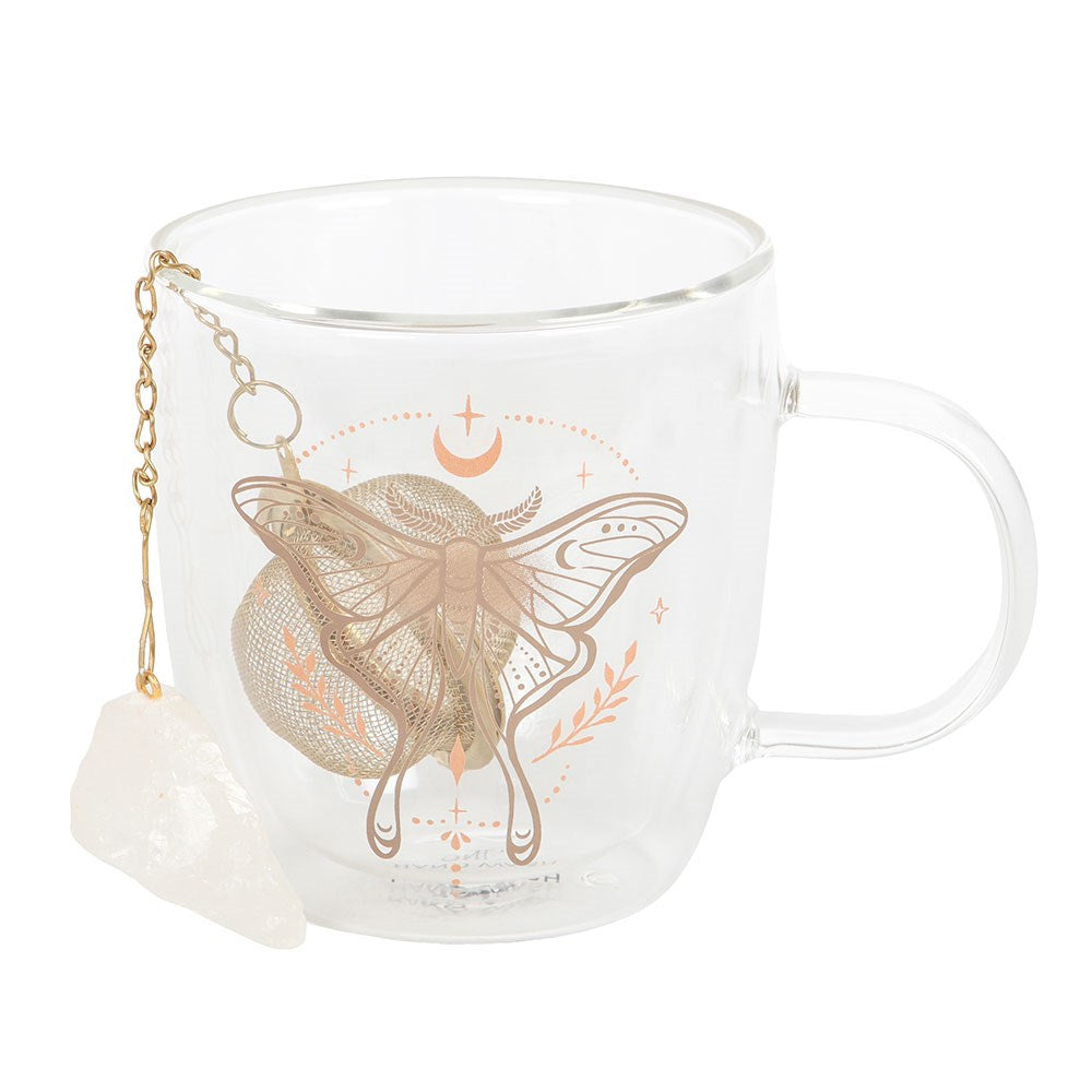 Celestial Luna Moth Double Walled Cauldron Glass Mug with Crystal Tea Infuser | Cup
