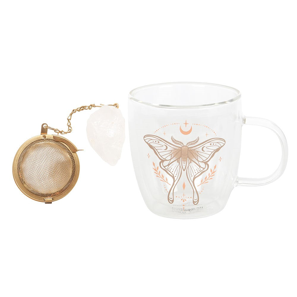 Celestial Luna Moth Double Walled Cauldron Glass Mug with Crystal Tea Infuser | Cup